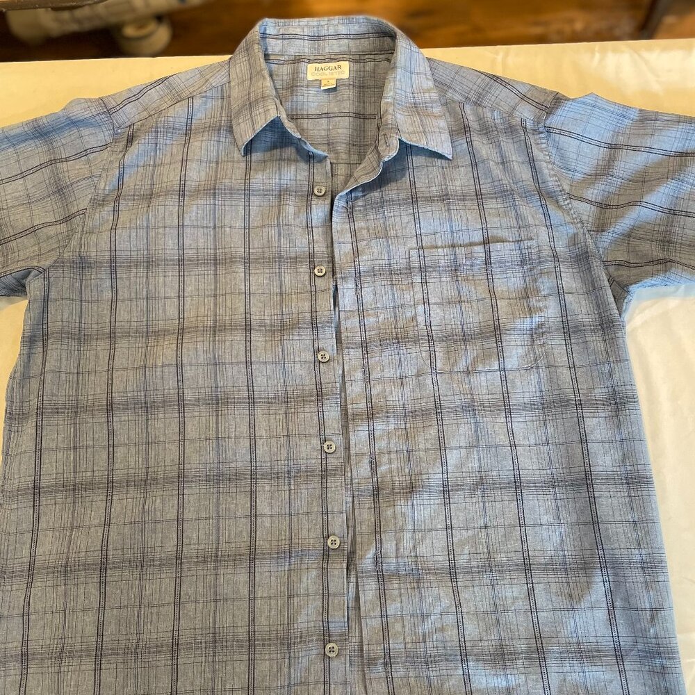 Haggar Cool 1B Tec Men's Blue Plaid short sleeved shirt size Large- Casual